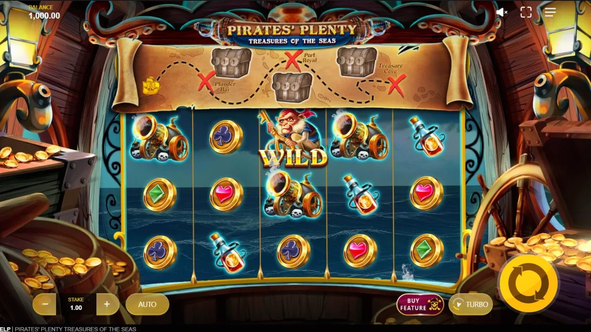 Tampilan visual slot Pirates’ Plenty: Treasures of the Seas dengan tema kapal bajak laut